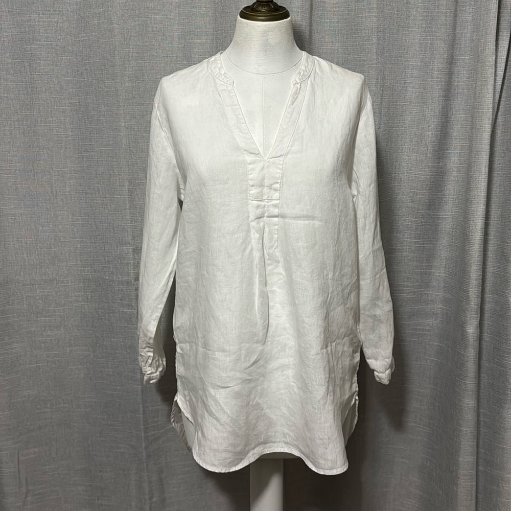 L.L. Bean 100% Linen Tunic Blouse-Sz S-White-V Neck Detail-Pop Over Style-EUC - Picture 2 of 16